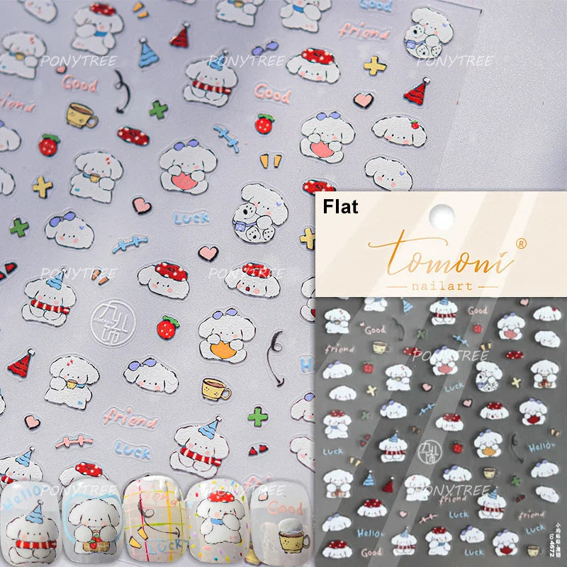 Spring Dog Bear Toy Rose Flower Floral Print Letter Bone Butterfly Cat Puppy Relief Adhesive Nail Art Stickers Manicure Decals (Online Order Only)