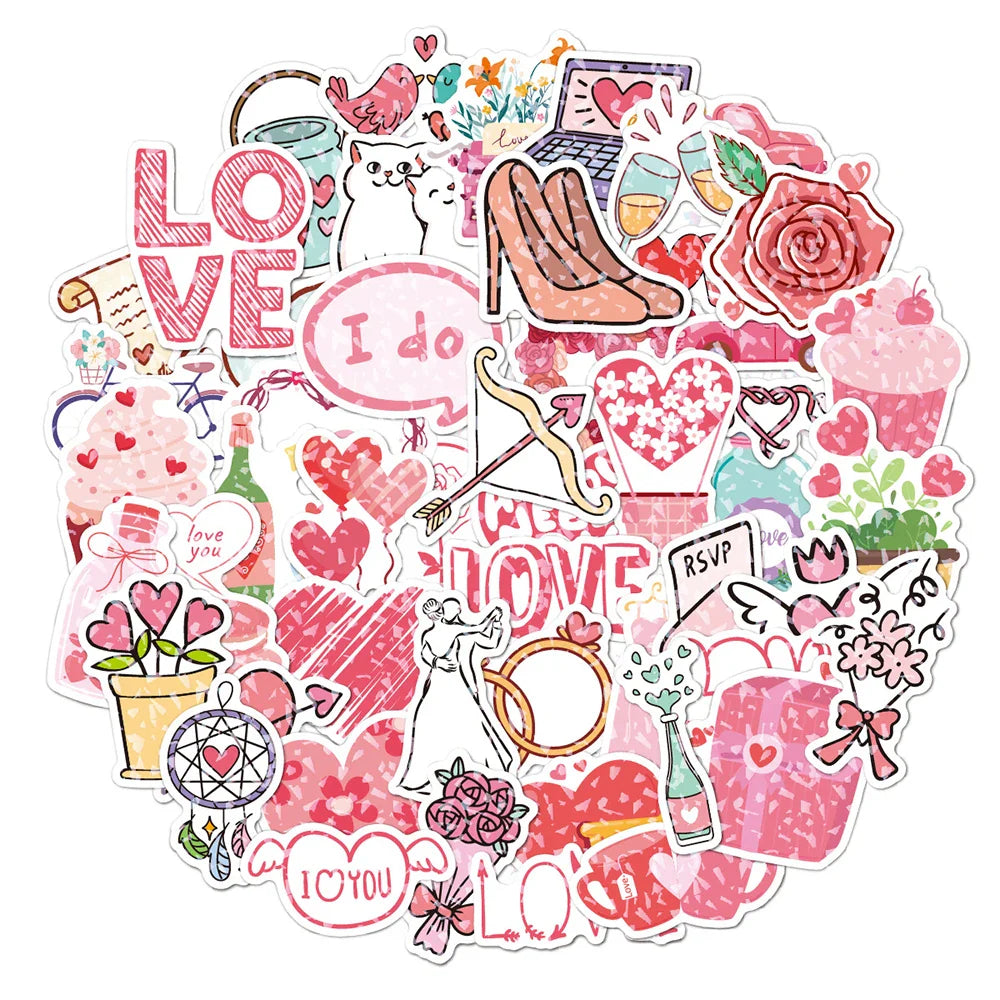 10/30/50/100PCS Valentine's Day Romantic Cartoon Stickers Holographic Laser Decals Graffiti Toy DIY Notebook Phone Gift For Love (ONLINE ORDER ONLY)