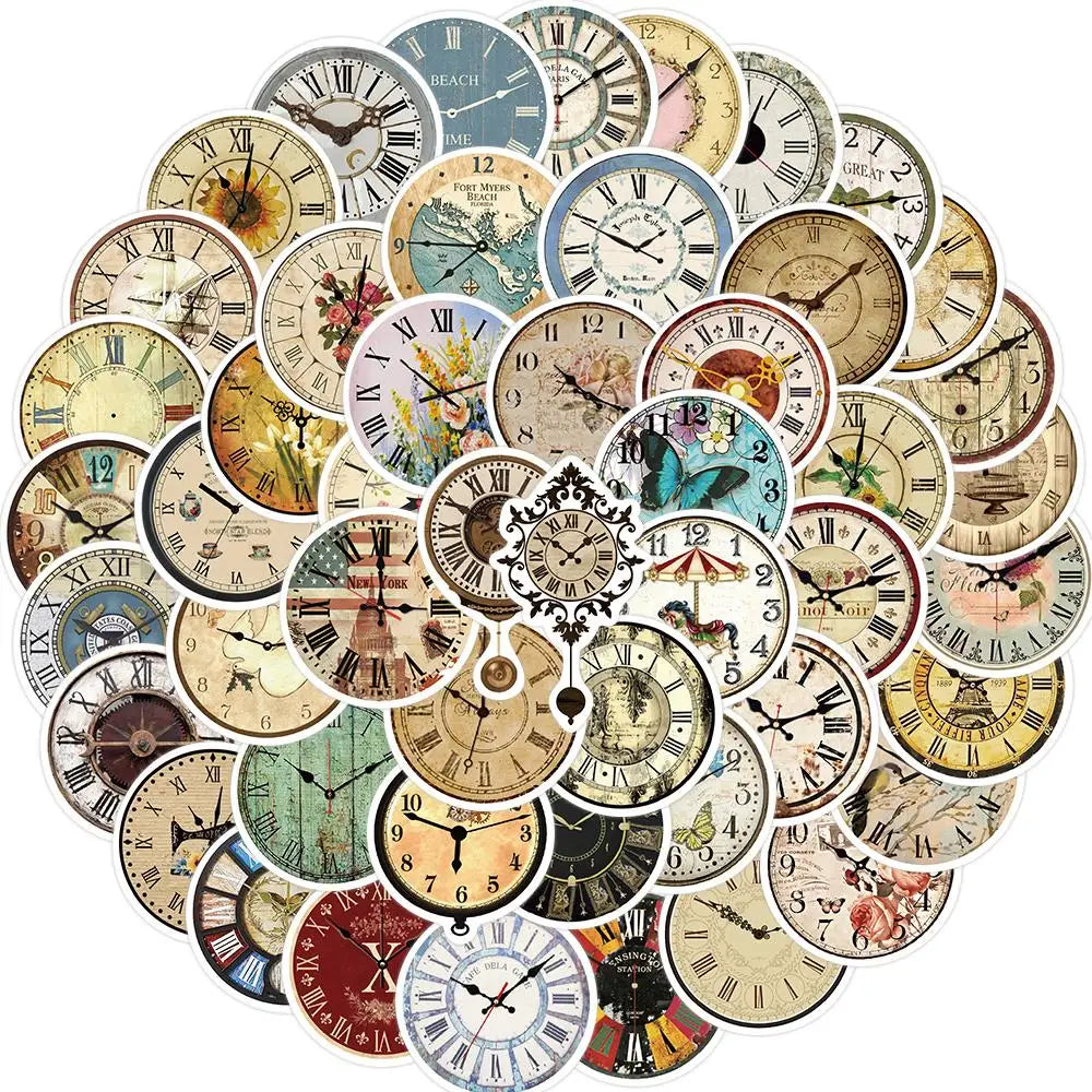 10/25/50pcs Retro clock Stickers Decals Cartoon Graffiti DIY  Notebook Luggage Wall Decoration PVC Sticker (ONLINE ORDER ONLY)
