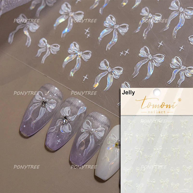 Chic Shiny Lace Pink Black White Bowknot Pearl Rhinestones Charming 3D Self Adhesive Nail Art Decoration Sticker Manicure Decals (Online Order Only)