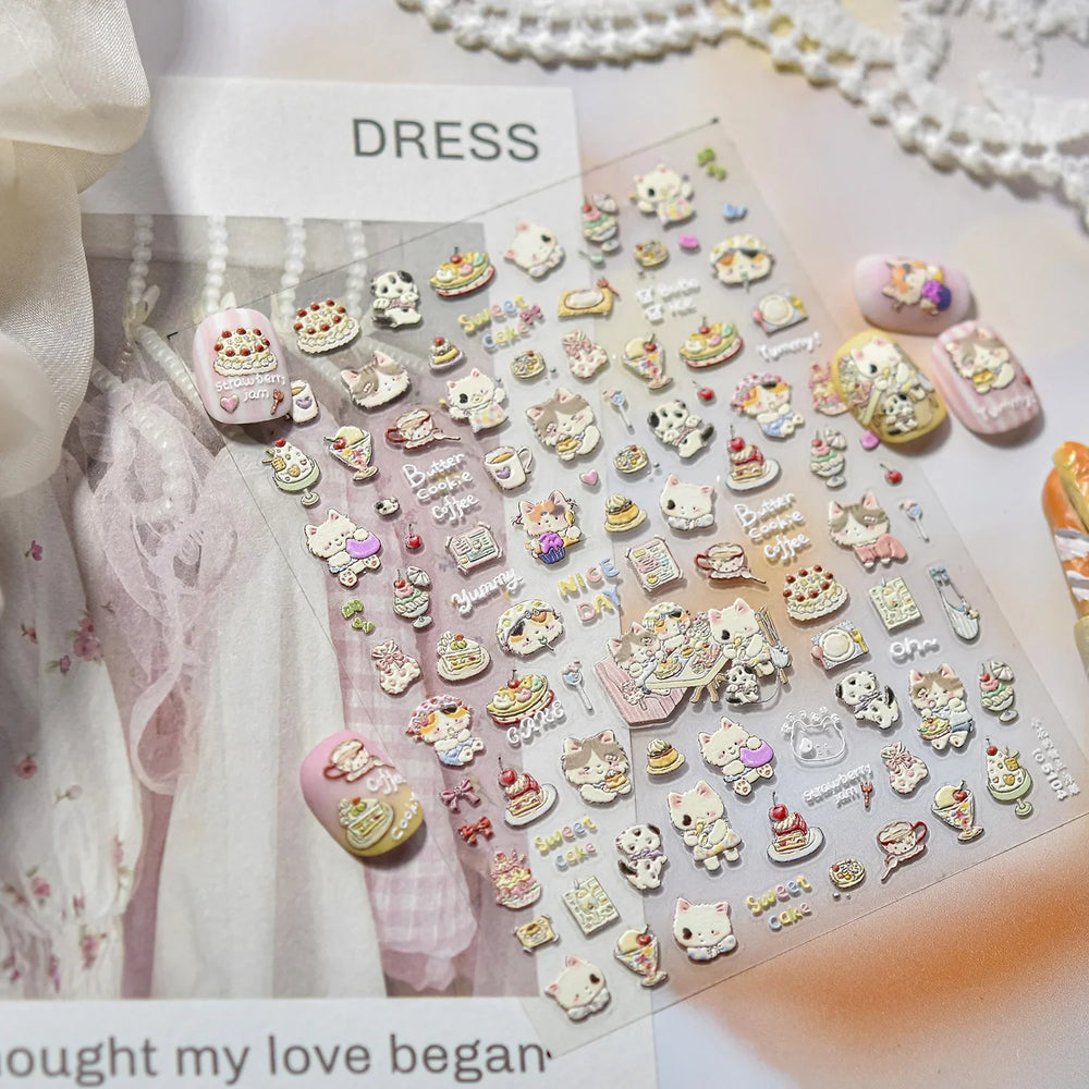 Cute Cat Cherry Sweet Cake Dog Butter Cookie Coffee Strawberry Jam Ice Cream Adhesive Nail Art Decoration Sticker Manicure Decal (Online Order Only)