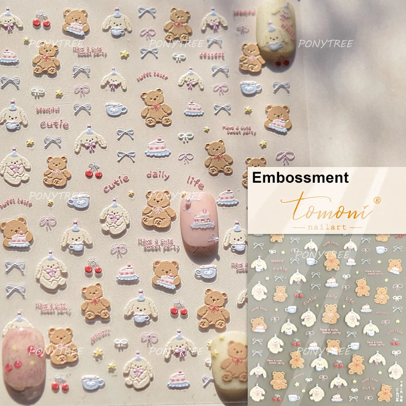 Cute Animals Bear Dog Cake Sweet Cherry Grid Bowknot Star Line Fruit Relief Self Adhesive Nail Art Stickers 3D Manicure Decals (ONLINE ORDER ONLY)