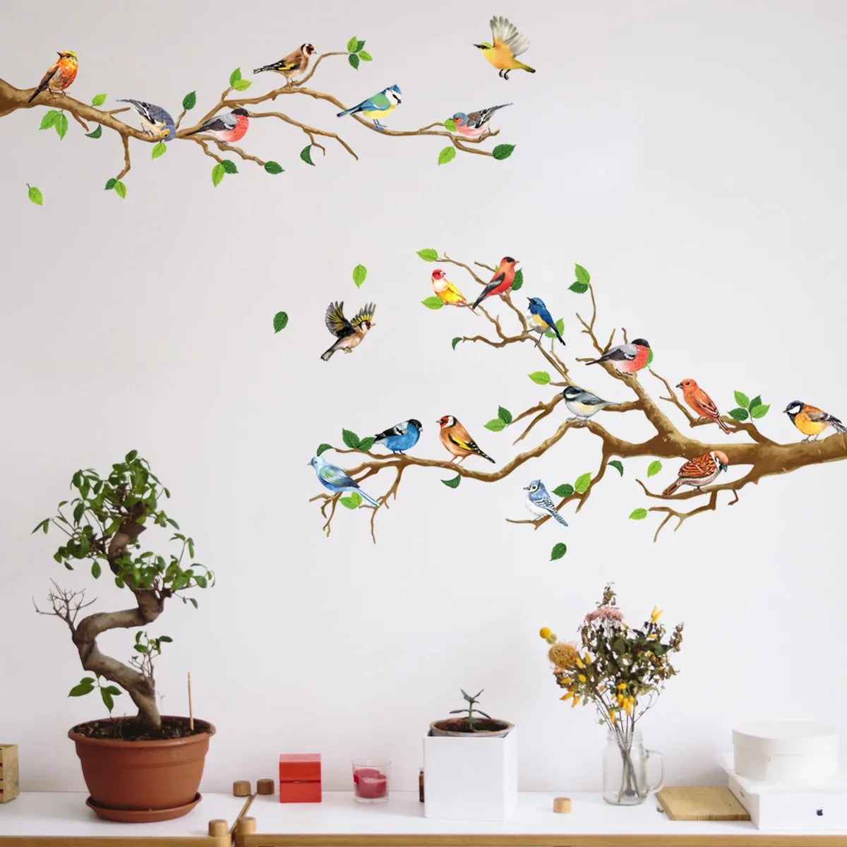 Chinese Style Vintage Bird Sticker Living Room Sofa Wall Decor Stickers Mural Art 3D Tree Branch Green Leaves Stikers (Online Order Only)