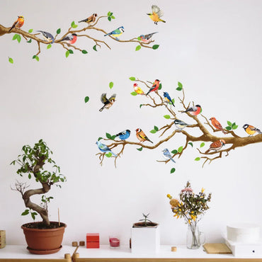 Chinese Style Vintage Bird Sticker Living Room Sofa Wall Decor Stickers Mural Art 3D Tree Branch Green Leaves Stikers (Online Order Only)