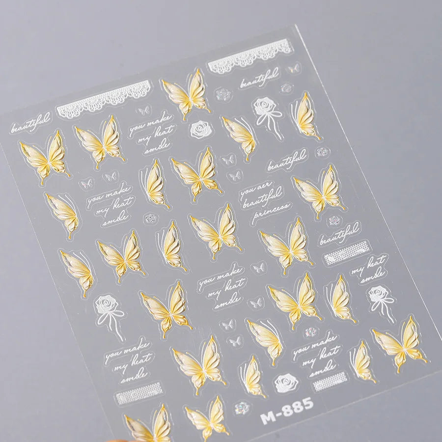 Yellow Butterfly Rose Flower Lace Gradual Wing Charming Romantic Jelly Camellia Self Adhesive Nail Art Stickers Manicure Decals (Online Order Only)