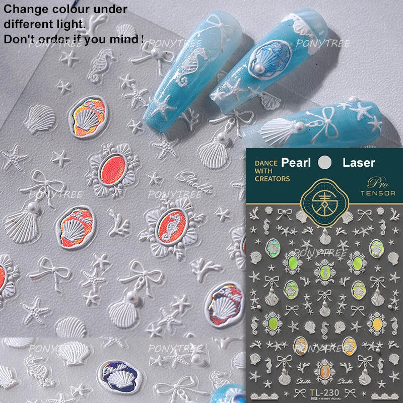 Marine Shell Starfish Ocean Elements Pearl Star Fishing Net Colourful Underwater Organisms 5D Nail Art Stickers Manicure Decals (Online Order Only)