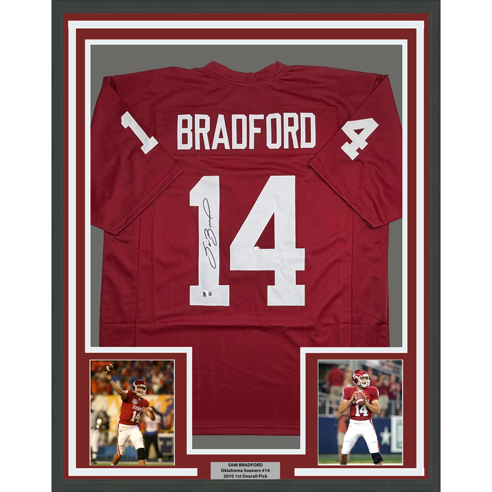 Framed Autographed/Signed Sam Bradford 35x39 Oklahoma Red College Football Jersey Beckett BAS COA