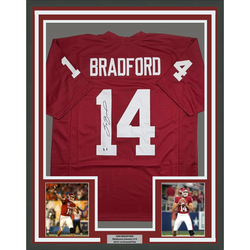 Framed Autographed/Signed Sam Bradford 35x39 Oklahoma Red College Football Jersey Beckett BAS COA