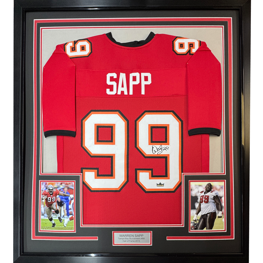 Framed Facsimile Autographed Warren Sapp 35x39 Tampa Bay Red Reprint Laser Auto Football Jersey (ONLINE ORDER ONLY)