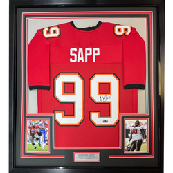 Framed Facsimile Autographed Warren Sapp 35x39 Tampa Bay Red Reprint Laser Auto Football Jersey (ONLINE ORDER ONLY)