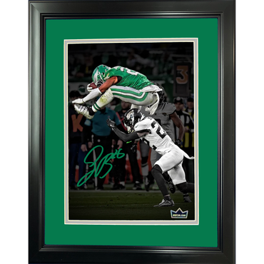 Framed Saquon Barkley Philadelphia Eagles Kelly Green Reverse Hurdle Facsimile Laser Engraved Signature Auto 11"x14" Football Photo HOFSM Holo (ONLINE ORDER ONLY)