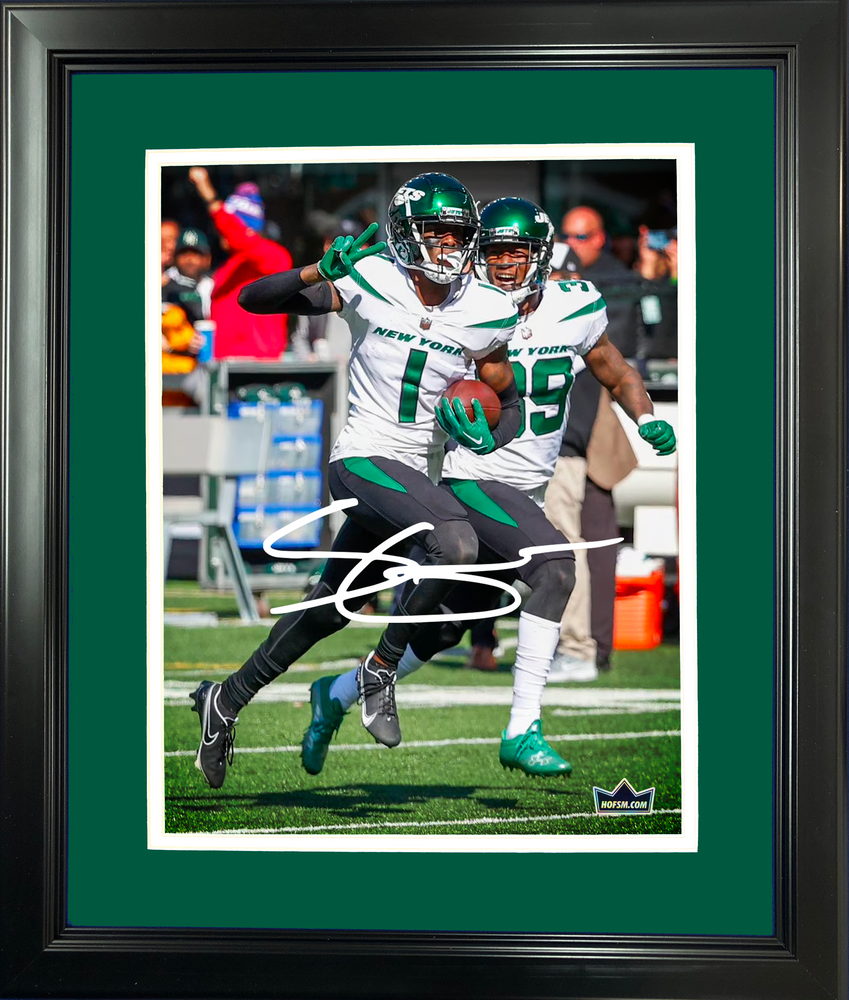 Framed Sauce Gardner Facsimile Laser Engraved Signature Auto New York Jets 11"x14"Football Photo HOFSM Holo (ONLINE ORDER ONLY)