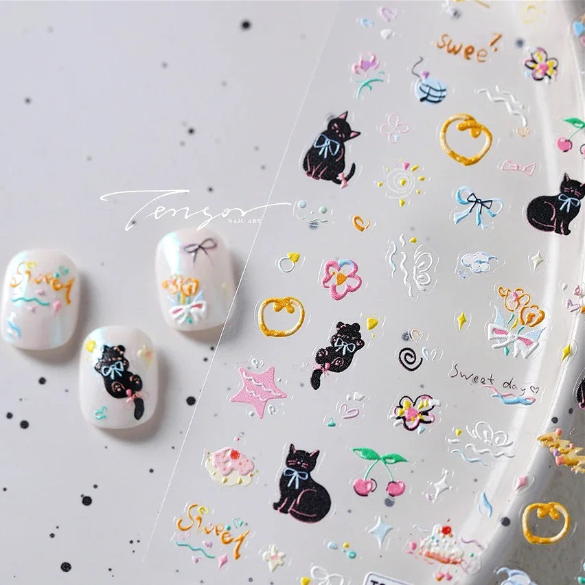 Cat Kitten Mewing Flower Star Bowknot Sweet Cherry Cake Food Line Sun Apple Heart Self Adhesive Nail Art Stickers Manicure Decal (Online Order Only)