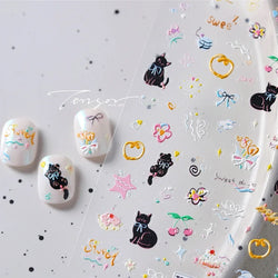 Cat Kitten Mewing Flower Star Bowknot Sweet Cherry Cake Food Line Sun Apple Heart Self Adhesive Nail Art Stickers Manicure Decal (Online Order Only)
