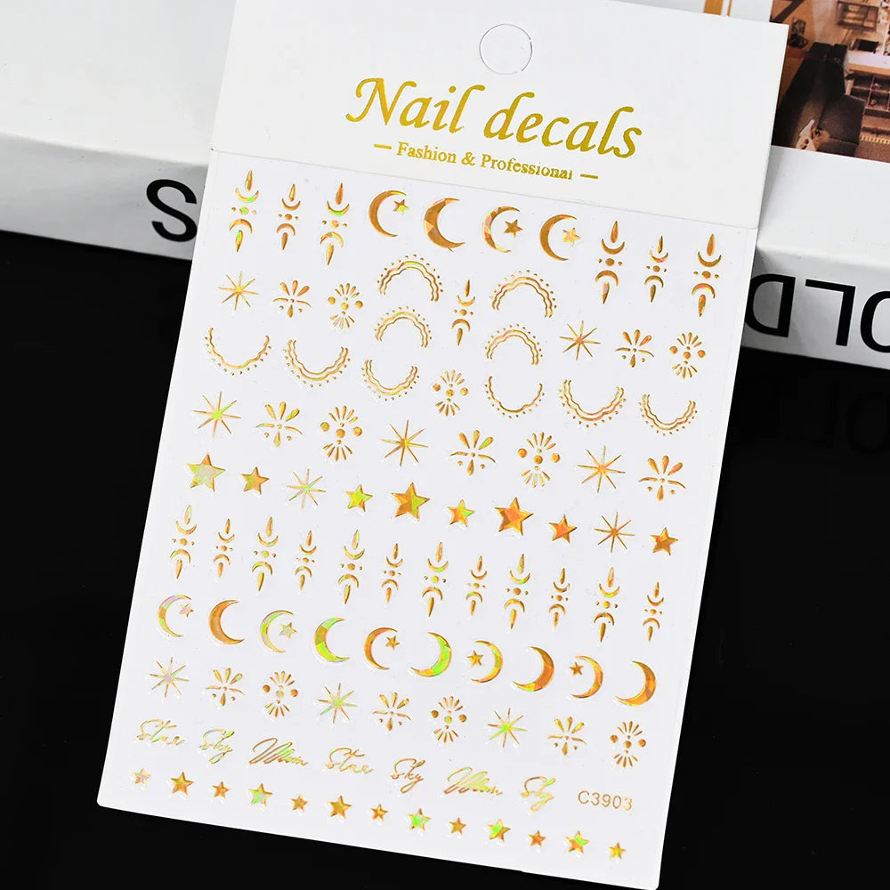1 Sheet Star Nail Art Stickers 3d Self Adhesive Nail Decals Black White Golden Silver Color Star Design Nail Supplies Accessory (ONLINE ORDER ONLY)