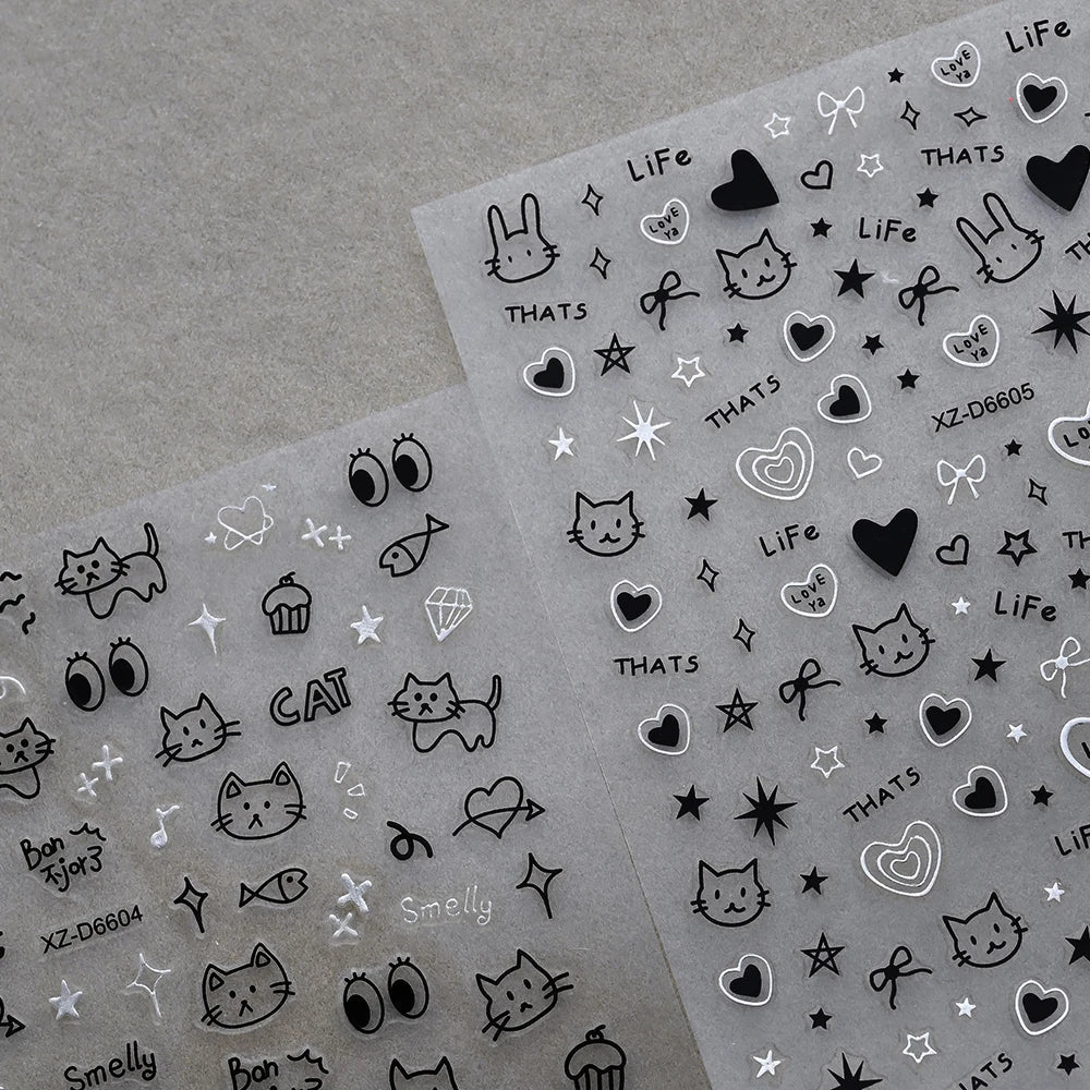 1Pc 3D Cute Black Silver Smile Dog Decals Y2K Cartoon Cat Footprint Nail Stickers Graffiti Star Heart DIY Manicure Slider Decor* (ONLINE ORDER ONLY)