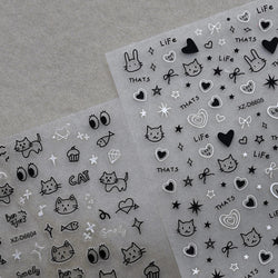 1Pc 3D Cute Black Silver Smile Dog Decals Y2K Cartoon Cat Footprint Nail Stickers Graffiti Star Heart DIY Manicure Slider Decor* (ONLINE ORDER ONLY)