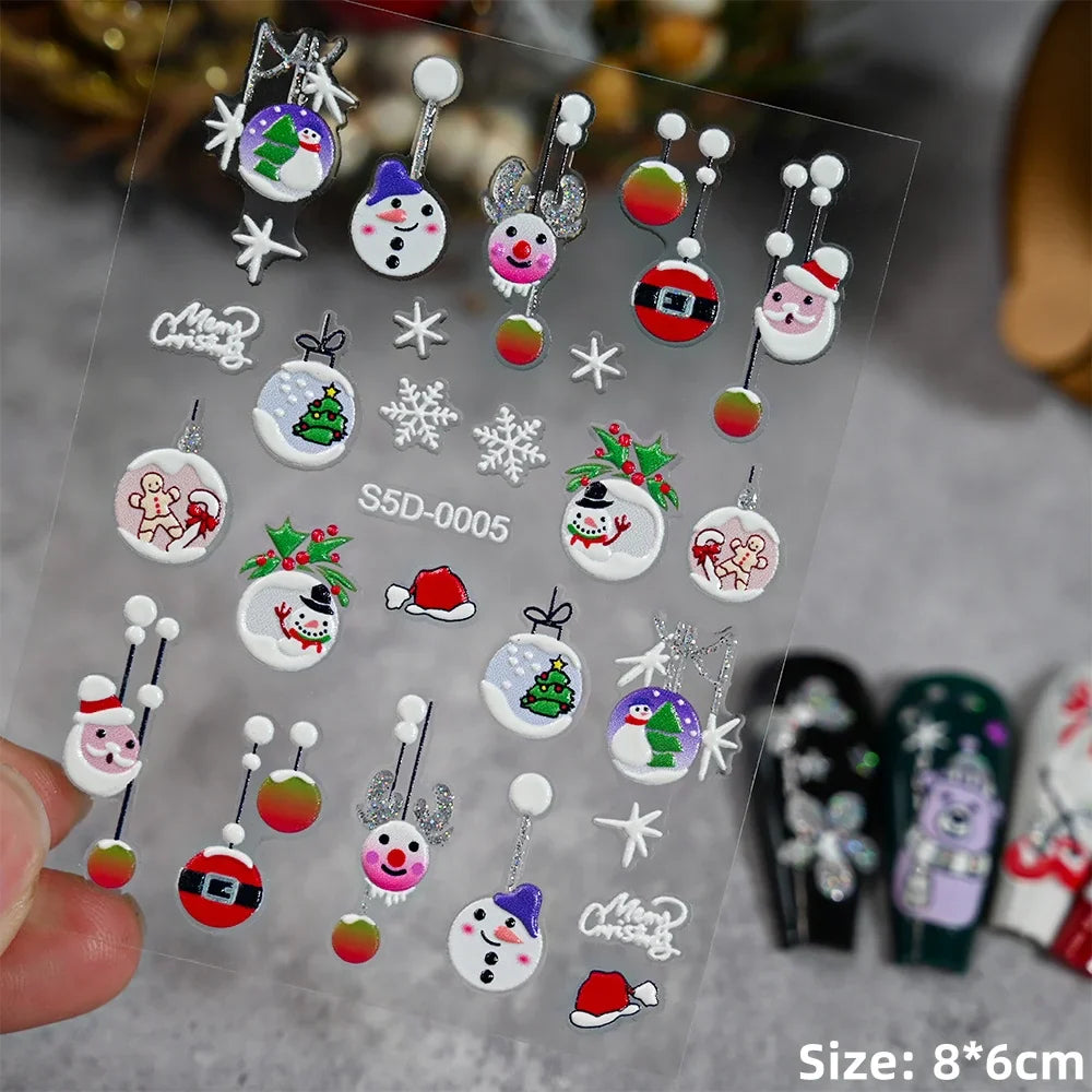 Cute Deer Christmas Nail Stickers 5D Embossed Elk Star Gingerbread Man Snowflake Santa Claus Holly DIY Winter Engraved Manicure* (ONLINE ORDER ONLY)