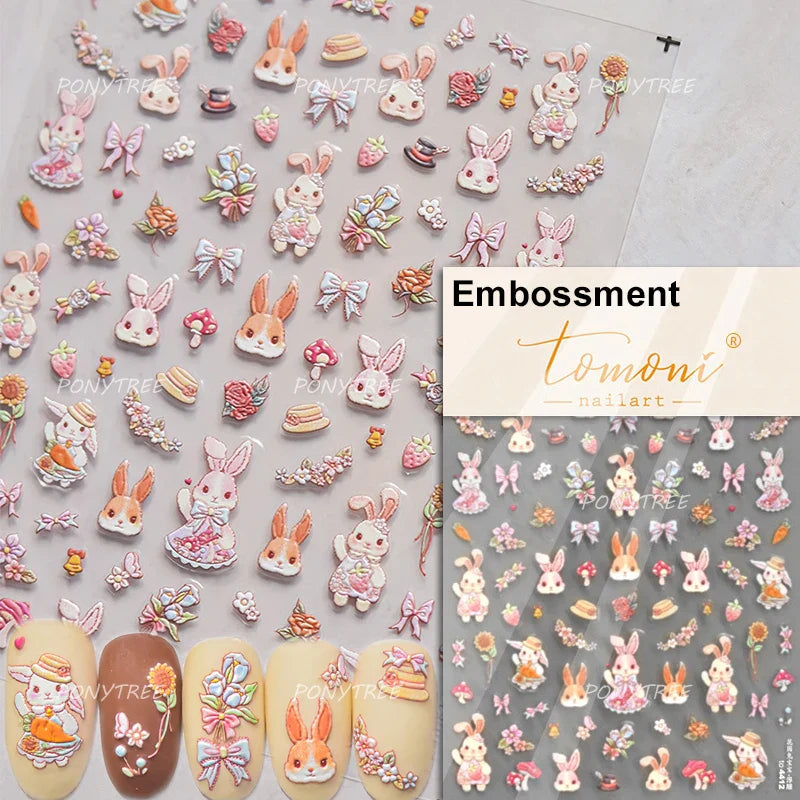 Peach Blossom Flower Yellow Rabbit Bunny Love Heart Delicate Totem 5D Self Adhesive Nail Art Stickers Rhinestone Manicure Decals (ONLINE ORDER ONLY)
