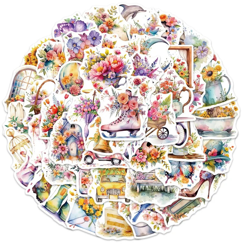 10/30/50PCS Cartoon Flower World PVC Sticker Aesthetic Decoration Scrapbooking Korean Stationery School Supplies for Kids (ONLINE ORDER ONLY)