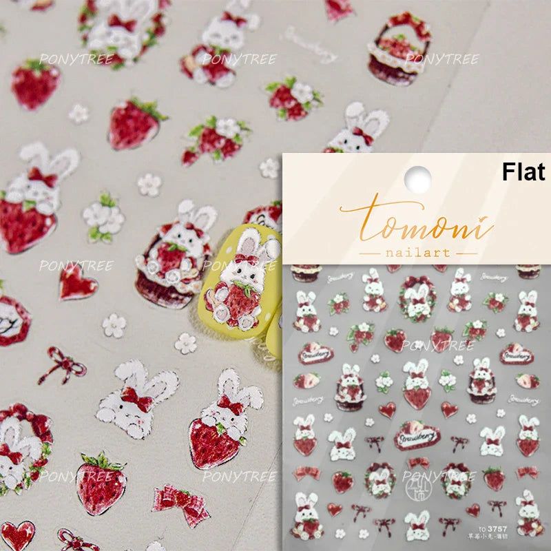 Cute White Rabbit Bunny Strawberry Flower Pudding Star Bowknot Fruit Delicate Adhesive Nail Art Sticker Charming Manicure Decal (Online Order Only)