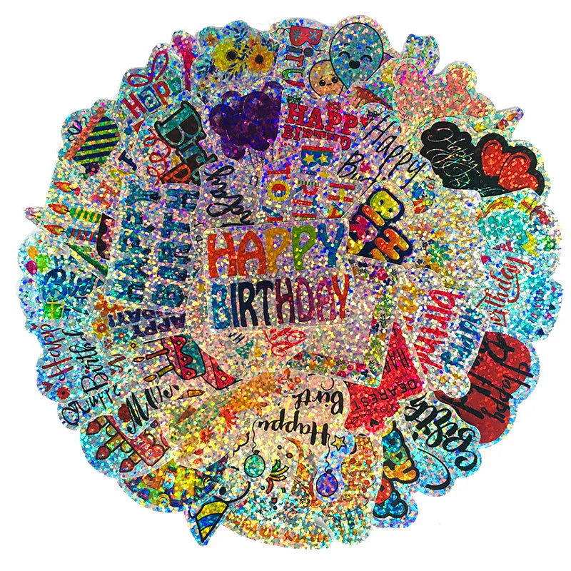 44pcs/Pack Laser Happy Birthday Stickers Waterproof Skateboard Motorcycle Guitar Luggage Laptop Bicycle Sticker Kids Toys (ONLINE ORDER ONLY)