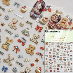 Lovely Bear Strawberry Cake Rose Flower Grid Block Bowknot Embossed Relief Self Adhesive Nail Art Sticker Cute 3D Manicure Decal (ONLINE ORDER ONLY)