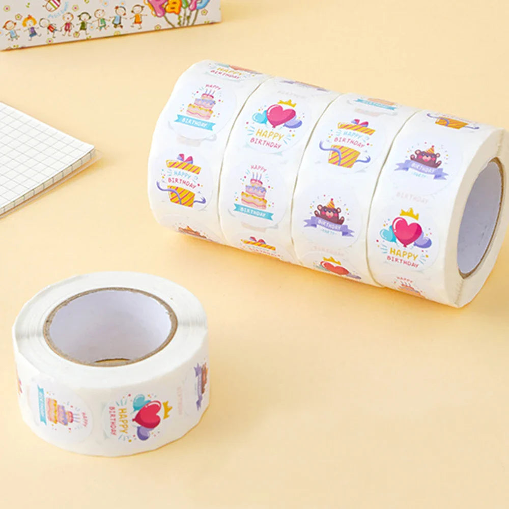100-500pcs Happy Birthday Cake Party Sticker Creative Cartoon Decorative Holiday Gift Sticker Envelope Sealing Sticker (ONLINE ORDER ONLY)