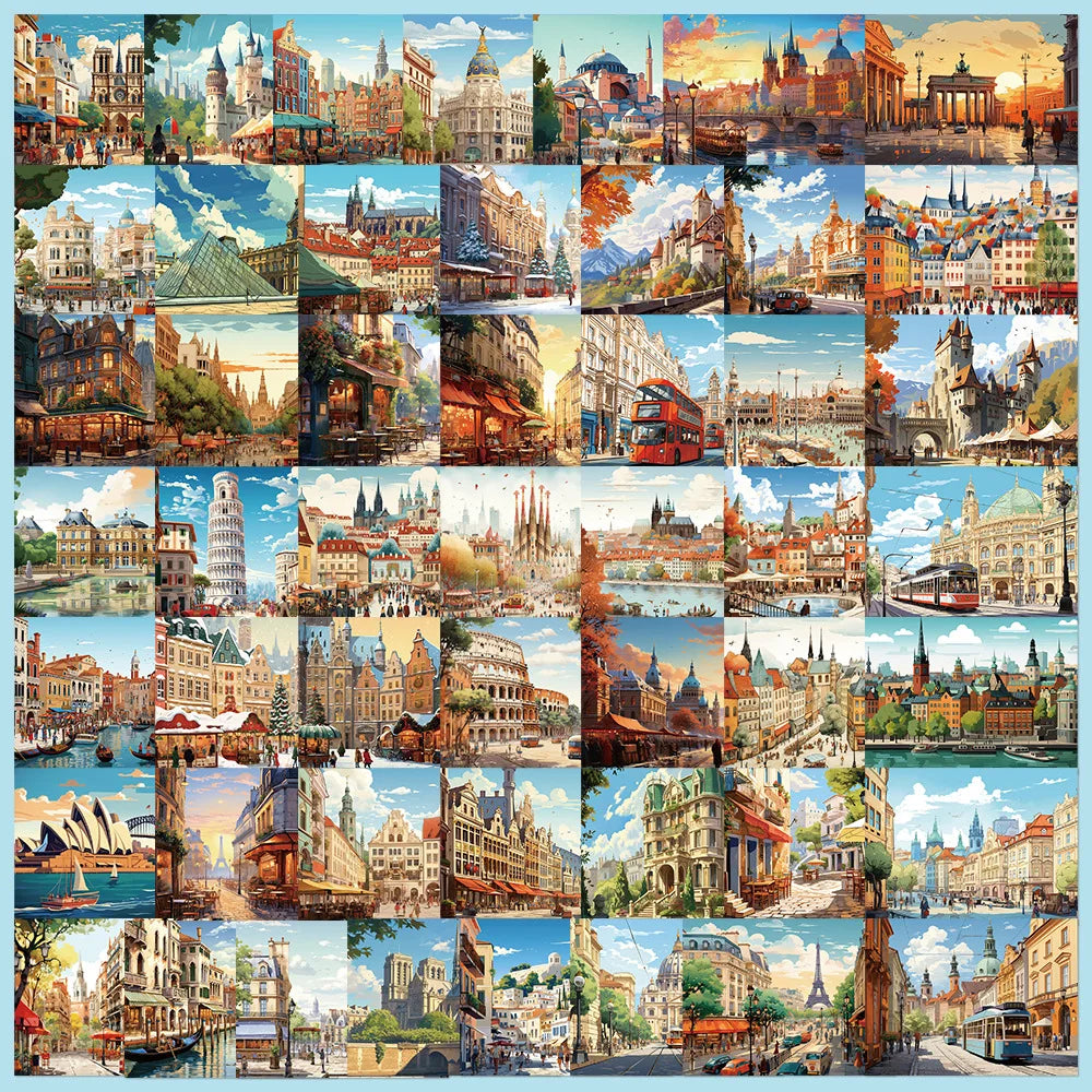 50pcs European Classic Architecture Graffiti Stickers for Helmet, Wall, Desktop Decoration (ONLINE ORDER ONLY)
