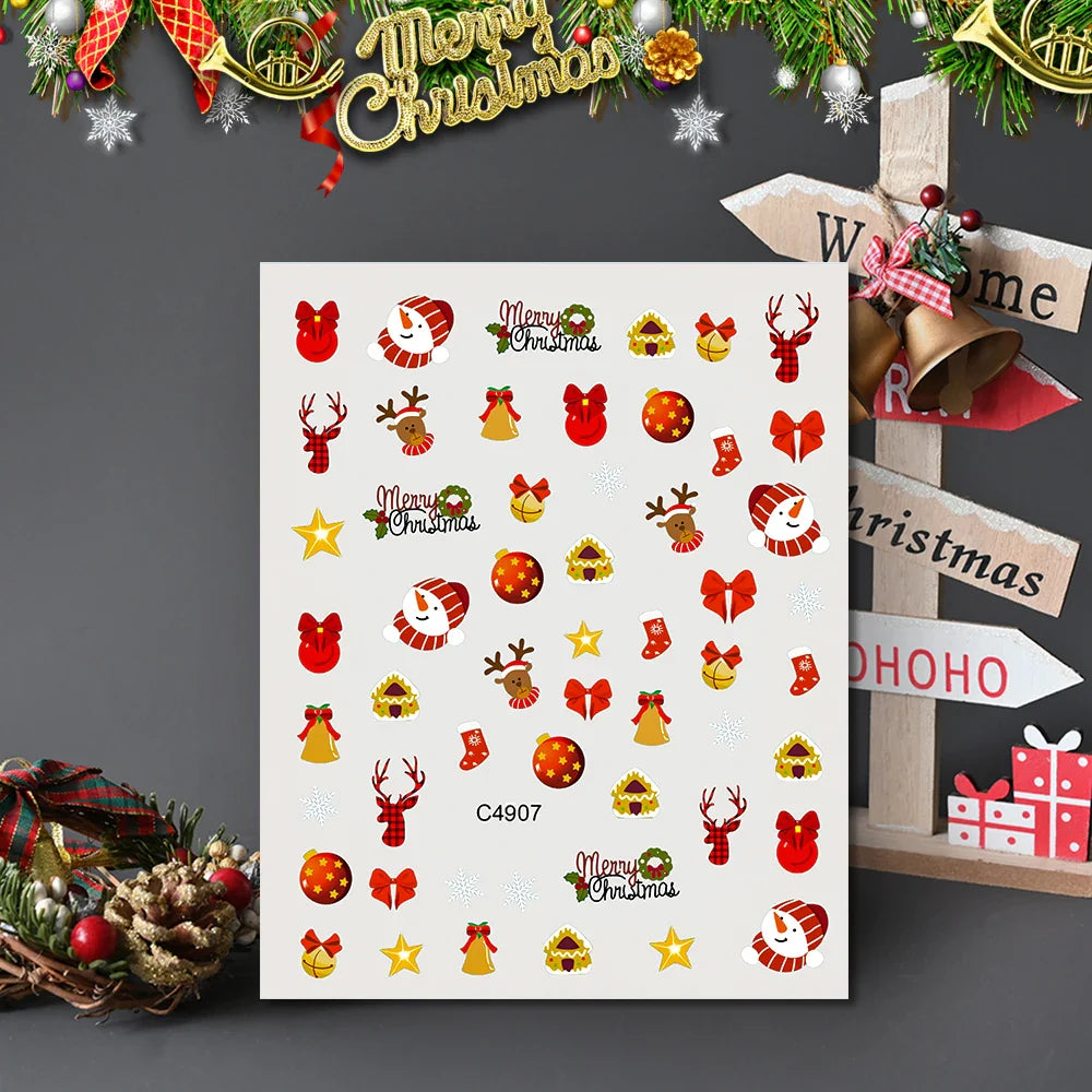 3D Gold Glitter Snowflake Nail Sticker Winter Reflective Elk Star Balloon Christmas Tree Foil Xmas New Year Decal Tips Decoratio (ONLINE ORDER ONLY)