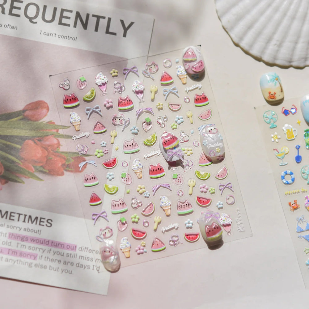Summer Beach Bikini Watermelon Cat Popsicle Swim Ring Ice Cream Shell Coconut Tree Nail Art Decoration Stickers Manicure Decals (Online Order Only)