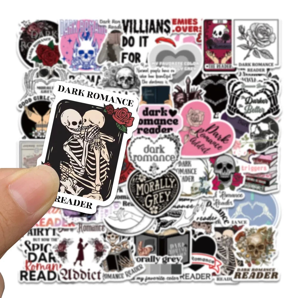 10/50pcs Cool Dark Romance Reader Skull Reading Stickers Aesthetic Graffiti Decals Luggage Skateboard Notebook Diary Sticker Toy (ONLINE ORDER ONLY)