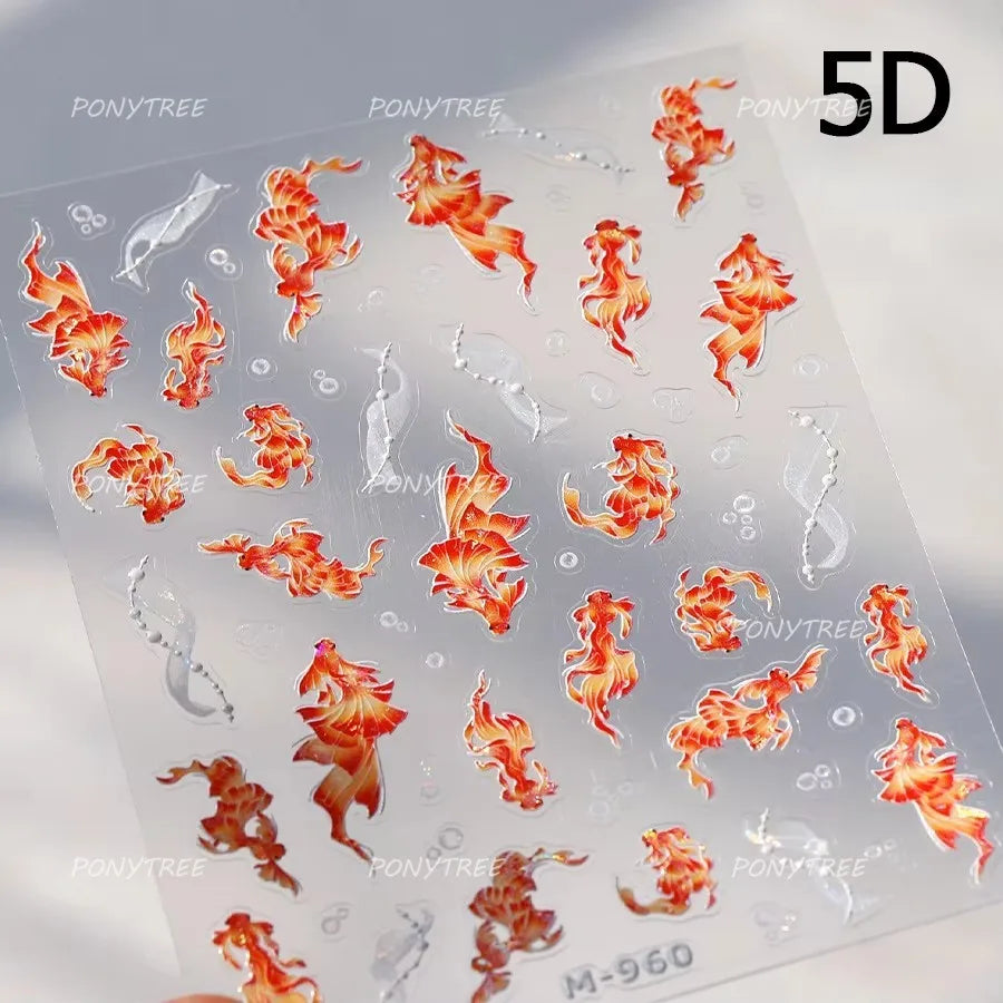 Pink Lotus Flower Red Gold Koi Carp Fish Tail Fancy Carp Self Adhesive Nail Art Decorations Stickers Manicure Decals Wholesale (ONLINE ORDER ONLY)