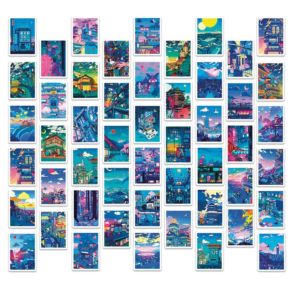 10/30/50pcs Anime View Street Night Painting Prints Cartoon Stickers Cute Aesthetic Decals Skateboard Laptop Phone Cool Sticker (Online Order Only)