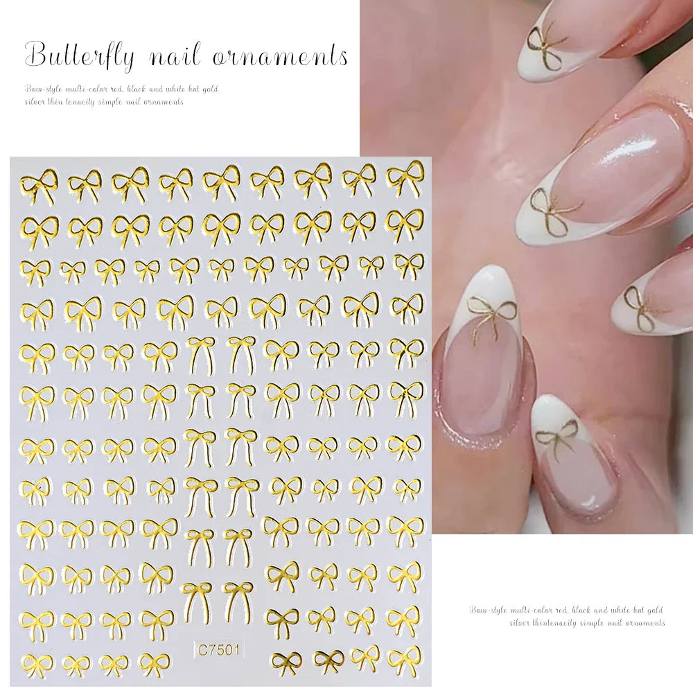 6pcs/Set Lovely Line Bowknot Nail Sticker Gold Silver Black White Pink Red Bow Tie Mini Bowknot 3D Self Adhesive Manicure Decals (ONLINE ORDER ONLY)