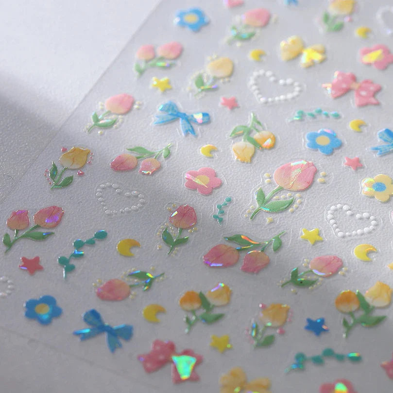 Lovely Bowknot Flower Shiny Star Love Heart Vibrant and Lively Tulip Moon Self Adhesive Nail Art Stickers Relief Manicure Decals (ONLINE ORDER ONLY)