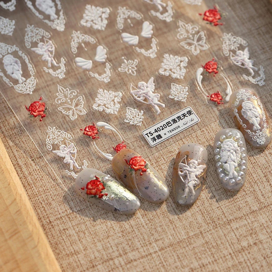 Baroque Angel Archery Wing Butterfly Retro Totem European Border Rose Flower Lace Chic Adhesive Nail Art Sticker Manicure Decals (ONLINE ORDER ONLY)