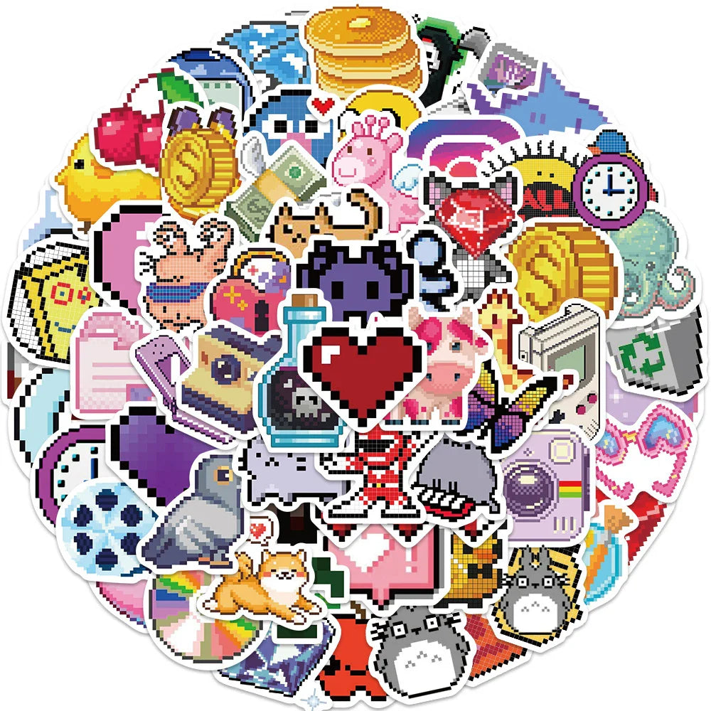 Pixel Cartoon Stickers 10/30/60pcs Aesthetic Graffiti DIY Laptop Phone Car Decals (ONLINE ORDER ONLY)