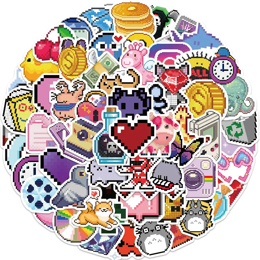 Pixel Cartoon Stickers 10/30/60pcs Aesthetic Graffiti DIY Laptop Phone Car Decals (ONLINE ORDER ONLY)