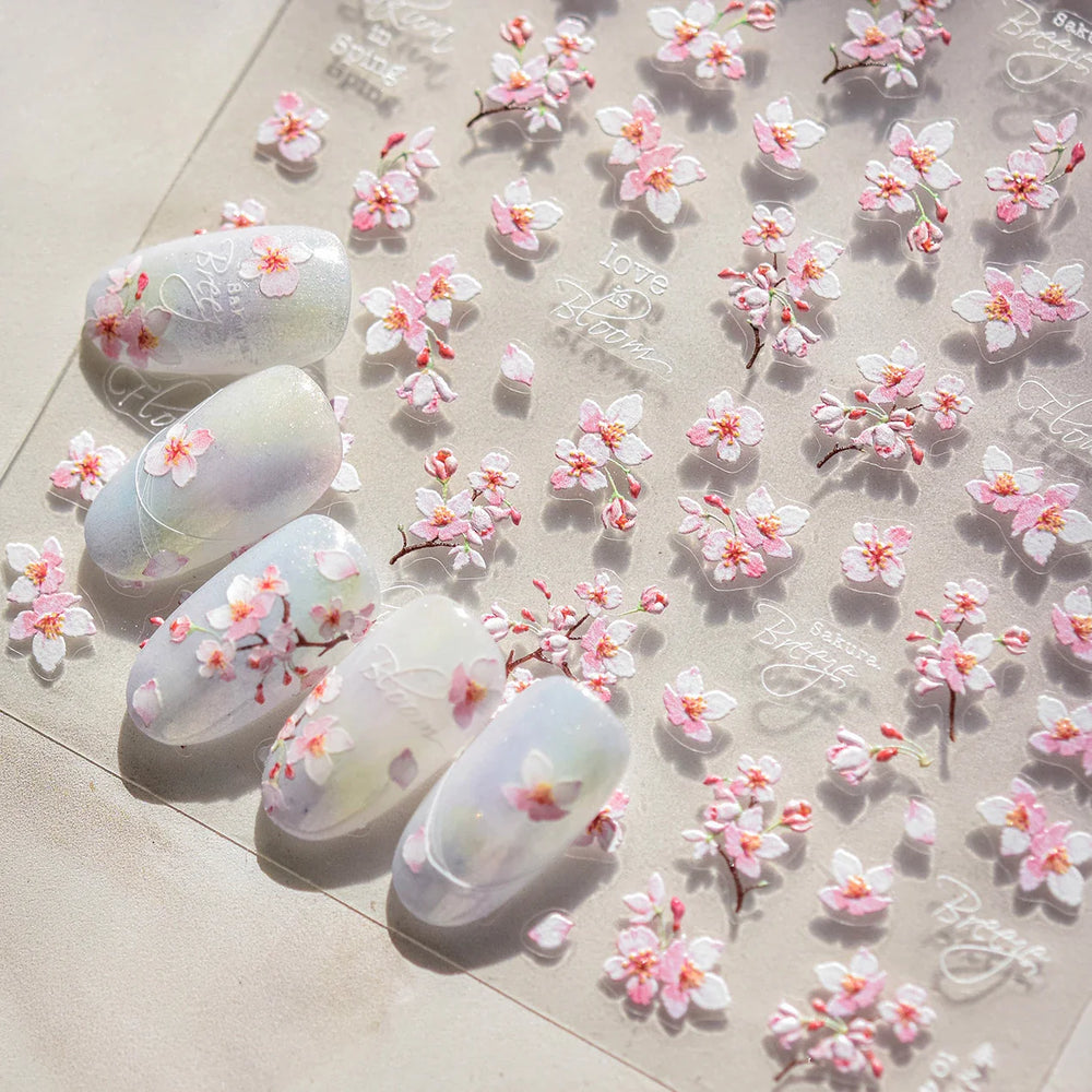 Flowers Blooming Cherry Blossom Sakura Living Peach Branch 5D Soft Relief Spring Adhesive Nail Art Sticker Chic Manicure Decals (ONLINE ORDER ONLY)