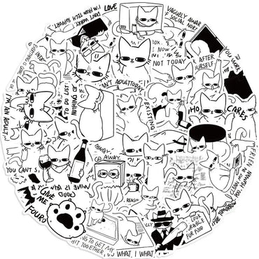10/50pcs Cute Funny Cat Meme Stickers Black White Brief Strokes Cats Decals DIY Fridge Laptop Luggage Skateboard Bike Sticker (Online Order Only)