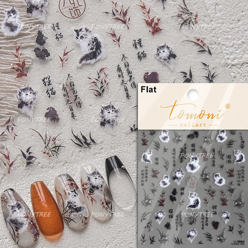 Picnic Cat Kitten Bowknot Flower Fish Butterfly Tree Mushroom Star Moon Cat's Paw Adhesive Nail Art Sticker Cute Manicure Decals (Online Order Only)