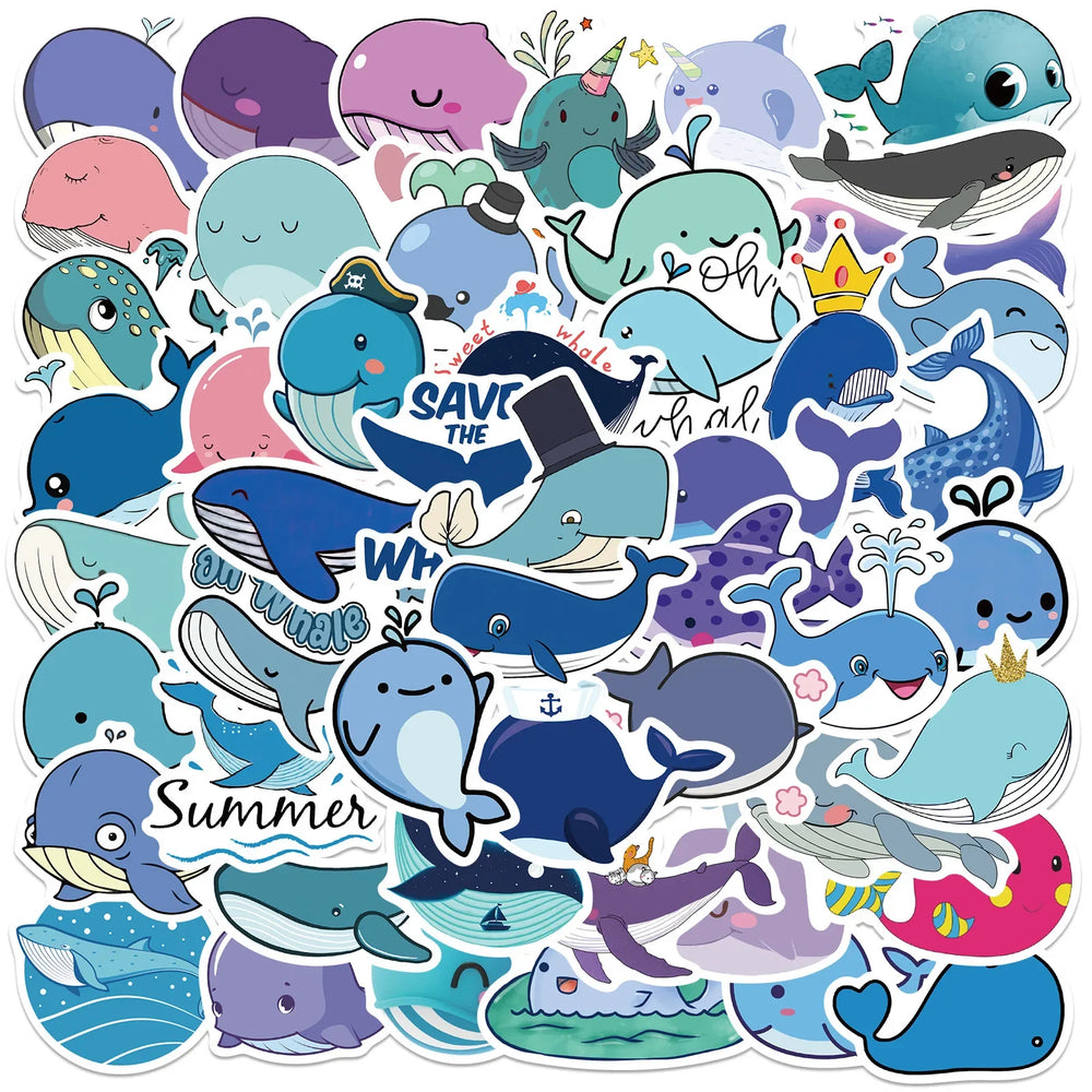 50Pcs Cute Whale Cartoon Stickers for Helmet, Wall, DIY Decoration (Online Order Only)
