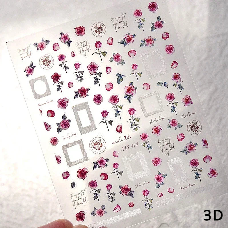 Chic Retro Rose Photo Frame Dried Flower Petal Self Adhesive Nail Art Stickers 5D Hot Stamping Relief Rhinestone Manicure Decals (Online Order Only)