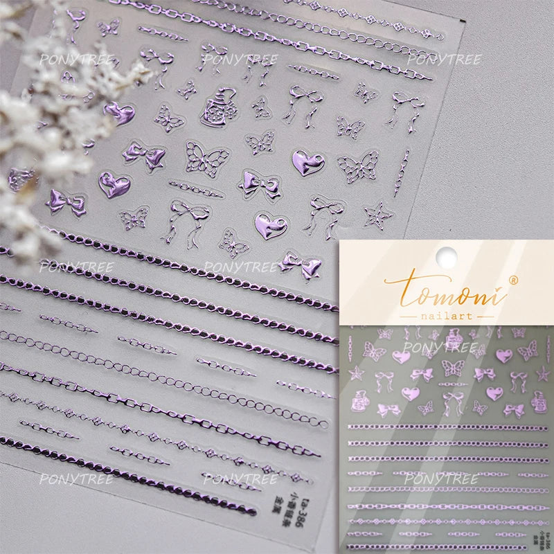 Hot Stamping Purple Line Love Heart Lace Bowknot Chain Branches Star Flower Leaf Butterfly Plant Flower Nail Art Stickers Decals (Online Order Only)