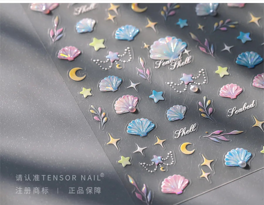 Romantic Pink Blue Shell Sea Grass Star Moon Summer Self Adhesive Nail Art Stickers Leaves Reliefs Manicure Decals Wholesale (ONLINE ORDER ONLY)