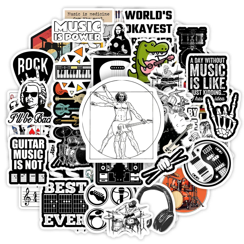 Music Band Rock Roll  Stickers Guitar Bass Drum DIY Kids Toy Gift for Phones Laptops Bottles Luggage Decorative Waterproof Decal (Online Order Only)