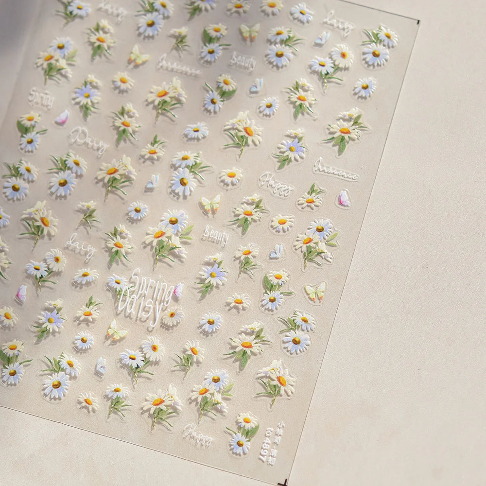 Rural Style White Daisy Flower Butterfly Small Wildflowers 5D Soft Embossed Relief Adhesive Nail Art Stickers 3D Manicure Decals (ONLINE ORDER ONLY)
