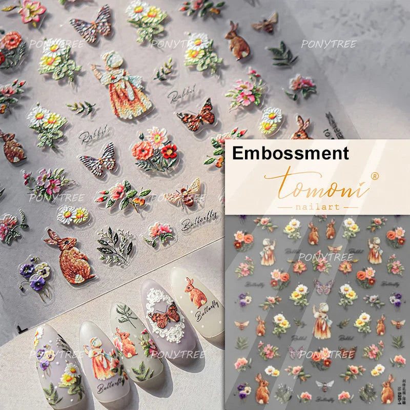 Peach Blossom Flower Yellow Rabbit Bunny Love Heart Delicate Totem 5D Self Adhesive Nail Art Stickers Rhinestone Manicure Decals (ONLINE ORDER ONLY)