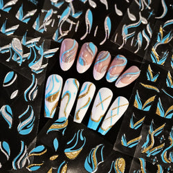 6pcs/Set Blue Gold Glitter French Design 5D Nail Stickers Curve Lines Swirls Wave Nail Sliders Reflective Flakes Decals Manicure (ONLINE ORDER ONLY)